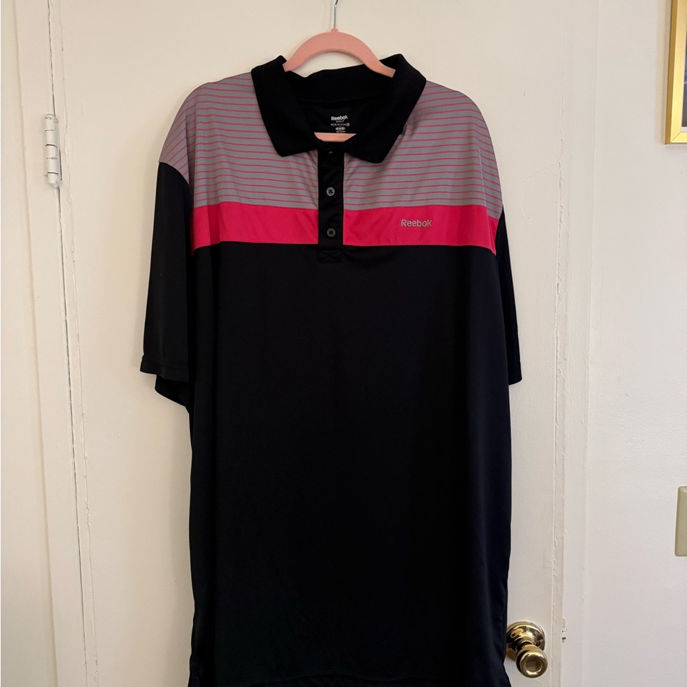 Reebok Men's Striped Black and Pink Polo
